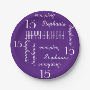 Prato De Papel 15 Festa de aniversário Nome repetitivo Roxo