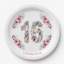 Prato De Papel 16.º aniversário Foto Colagem Rapariga Rosa Flor B