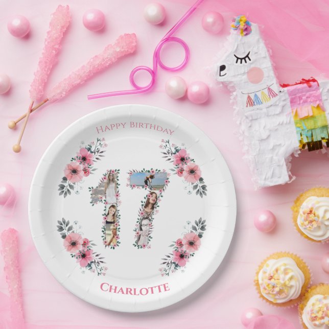 Prato De Papel 17.º Aniversário Colagem de Fotos Rapariga Rosa Fl (Festa)