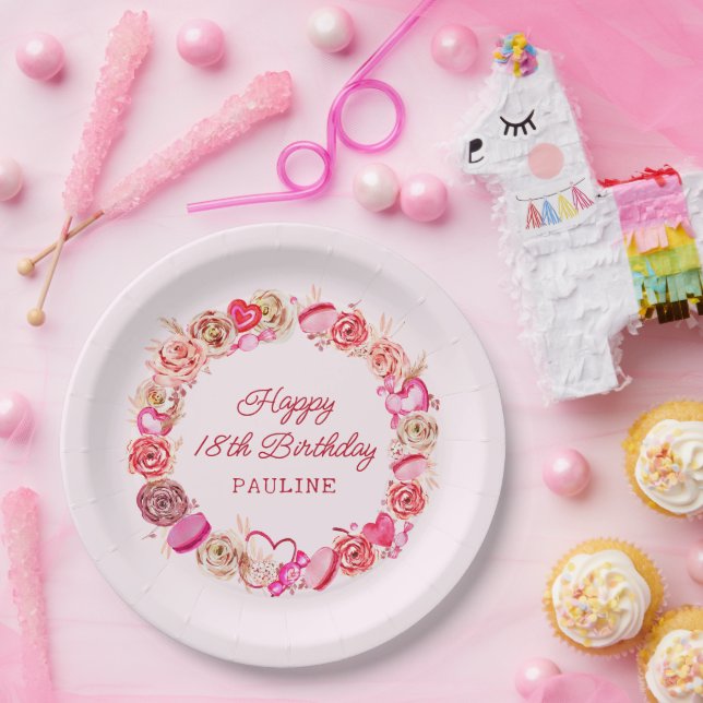 Prato De Papel 18º Aniversário Rosas Rosa Suavemente Corações (Festa)