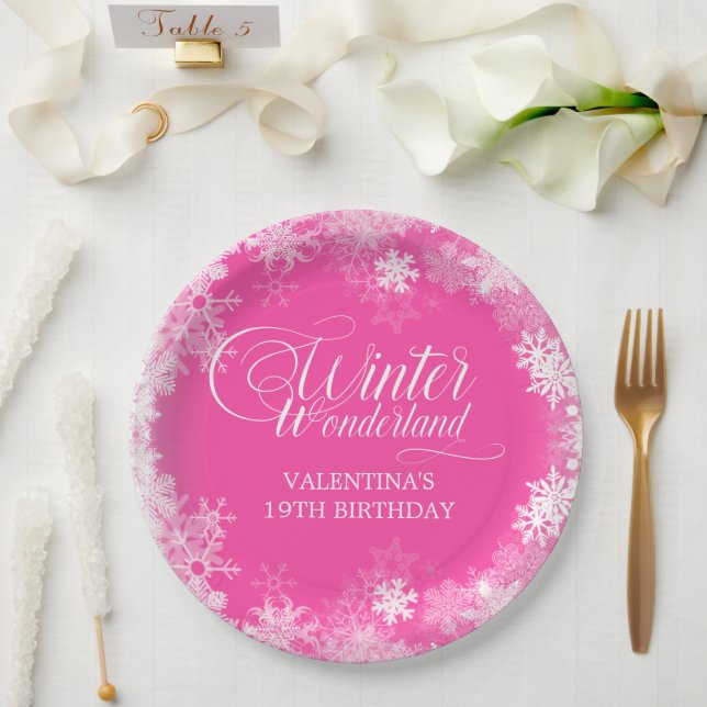 Prato De Papel 19.º aniversário Floco de Neve Rosa (Casamento)