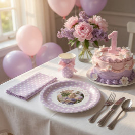 Prato De Papel 1st Birthday Photo & Purple Polka Dot