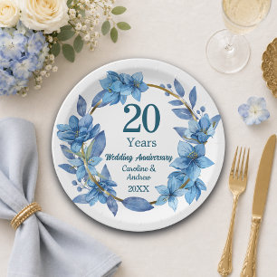 Prato De Papel 20º Aniversário de Casamento Blue Floral China