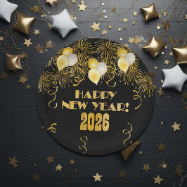 Prato De Papel 2026 Black Gold Glitter New Year's Eve Party 