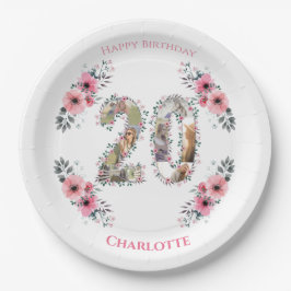 Prato De Papel 20 Aniversário Foto Collage Pink Flower Girl White