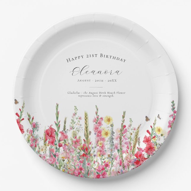 Prato De Papel 21st Birthday August Birth Flower Party Supplies (Frente)