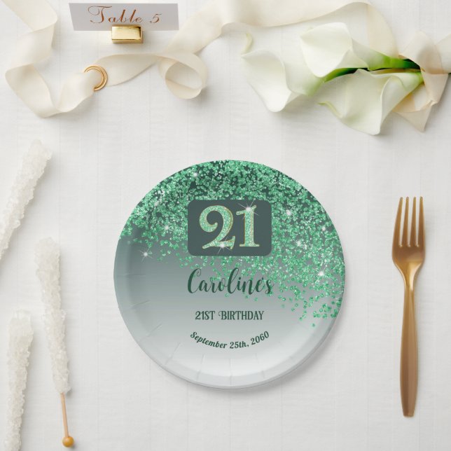 Prato De Papel 21st Birthday Party Sparkle Green Glitter (Casamento)