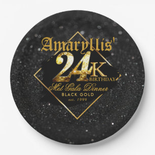 Prato De Papel 24.000 preto brilhante e Dourado aniversário elega