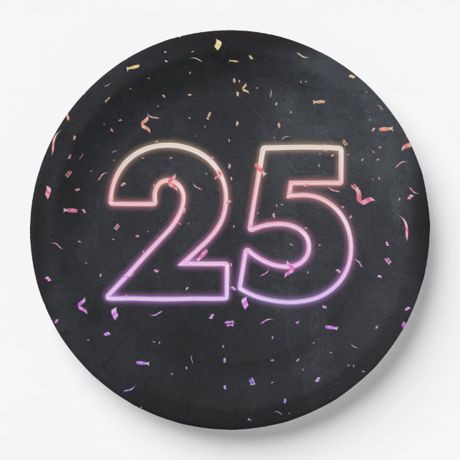 Prato De Papel 25 Birthday Neon Sign on Black Paper Plate (Placa  (Frente)