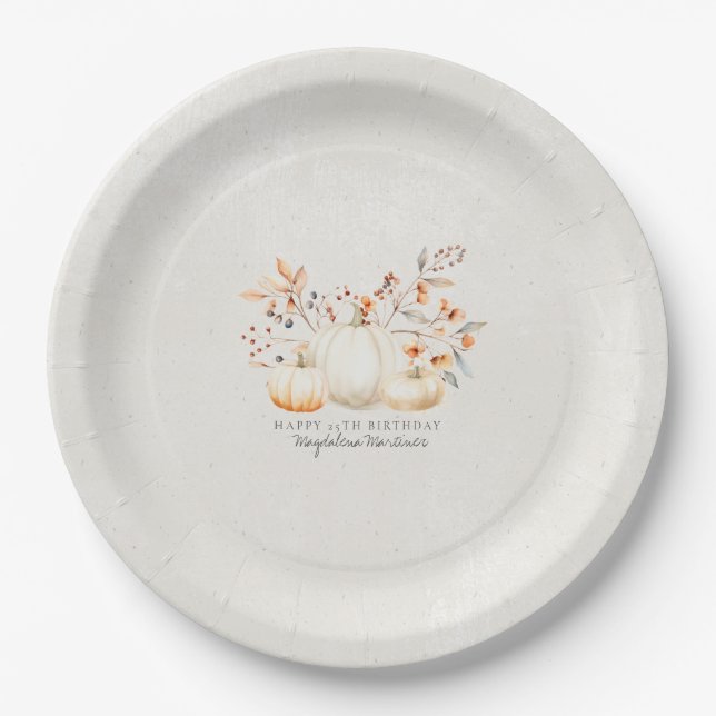 Prato De Papel 25 Birthday White Pumpkin Fall Folha Personalizada (Frente)