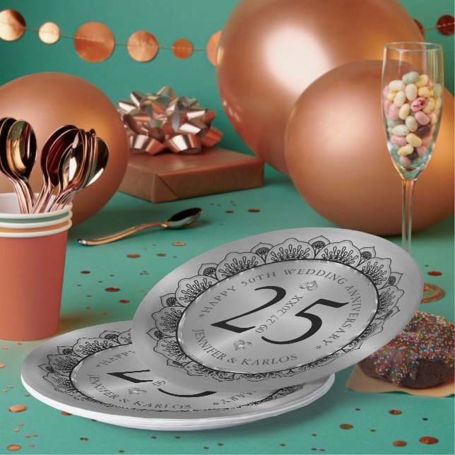 Prato De Papel 25 de aniversário de casamento renda preta e ouro (Múltiplo)