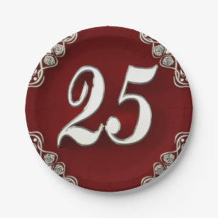 Prato De Papel 25o Aniversário ou prata régia e vermelho do