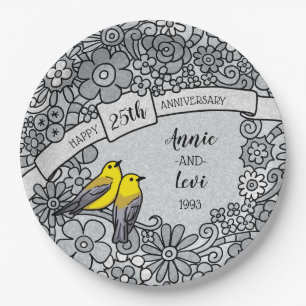 Prato De Papel 25o aniversário personalizado, pássaros florais 