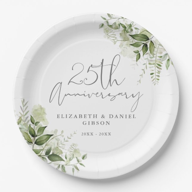 Prato De Papel 25th Wedding Anniversary Greenery Silver Script (Frente)
