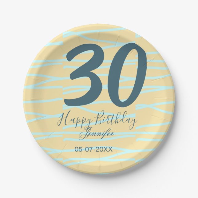Prato De Papel 30th birthday add name date year yellow blue paste (Frente)