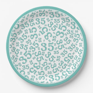 Prato De Papel 35 Anos De Teal/Branco Padrão De Número Aleatório