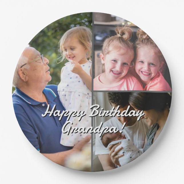 Prato De Papel 3-Photo Custom Party Plates Personalized Text (Frente)