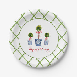 Prato De Papel 3 Topiaries & Trellis border Happy Holiday
