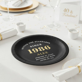 Prato De Papel 40th Birthday Name 1986 Black Gold Elegant Chic