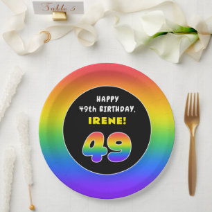 Prato De Papel 49th Birthday: Colorful Rainbow # 49, Custom Name