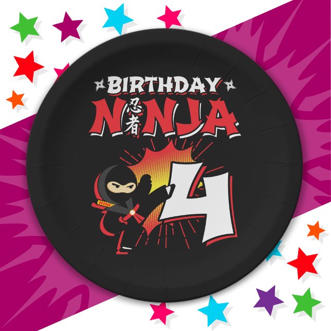 Prato De Papel 4 anos Estilo de Quadrinhos Ninja 4º aniversário (Criador carregado)