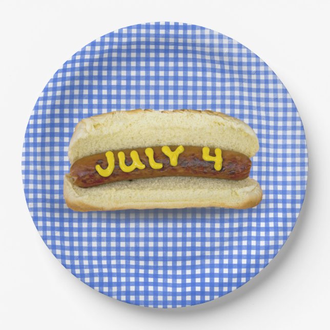 Prato De Papel 4 de julho Cachorro Quente em Gingham Paper Plate (Frente)