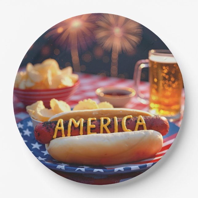 Prato De Papel 4 de julho de American Hot Dog and Beer (Frente)