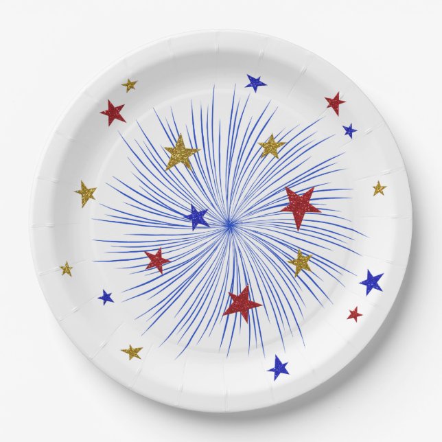 Prato De Papel 4 de julho, Fireworks, Starbursts Paper Plates 9" (Frente)