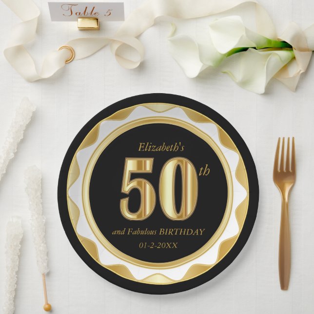 Prato De Papel 50º aniversário / Aniversário - Preto e Dourado (Casamento)