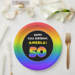 Prato De Papel 50º aniversário: Arco-Íris Colorido nº 50, Nome Pe<br><div class="desc">Este ousado e alegre design de placa de papel, tema de aniversário, apresenta um grande número "50" com um padrão de gradação inspirado no espectro do arco-íris vibrante, juntamente com a mensagem "FELIZ 50º ANIVERSÁRIO", e um nome de destinatário personalizado. Pratos temáticos de aniversário alegres como este podem ser usados...</div>