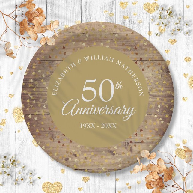 Prato De Papel 50º aniversário de casamento do Ouro Rustic Confet (50th Golden Wedding Anniversary Rustic Confetti Paper Plates)