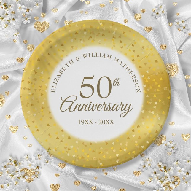Prato De Papel 50º Aniversário do Aniversário do Ouro Foil Hearts (50th Wedding Anniversary Gold Foil Hearts Confetti Paper Plates)
