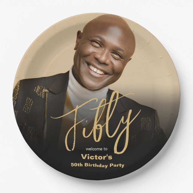 Prato De Papel 50º aniversário Foto personalizada de chic Dourado (Frente)