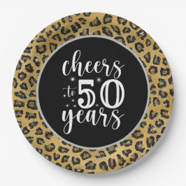 Prato De Papel 50º Aniversário Leopardo Negro e tema Dourado