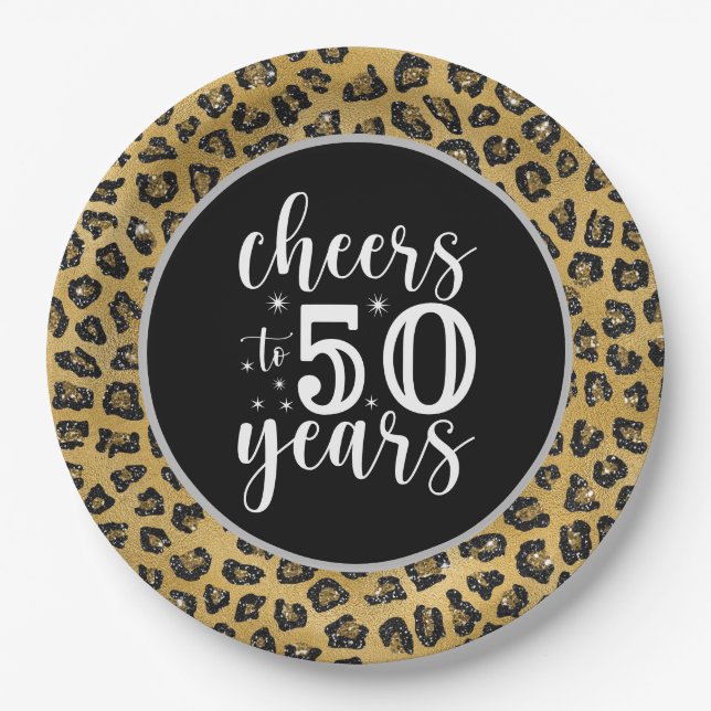 Prato De Papel 50º Aniversário Leopardo Negro e tema Dourado (Frente)