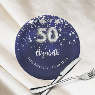 Prato De Papel 50º Aniversário marinho estrelas de prata azul