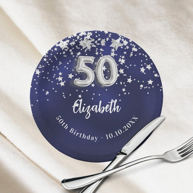 Prato De Papel 50º Aniversário marinho estrelas de prata azul (Criador carregado)