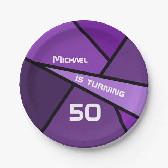 Prato De Papel 50º Aniversário Moderno Formas Geométricas Roxas (Frente)