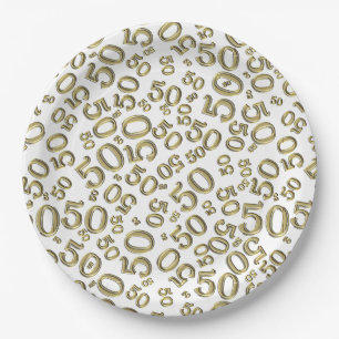 Prato De Papel 50º Aniversário Padrão do Número Dourado/Branco