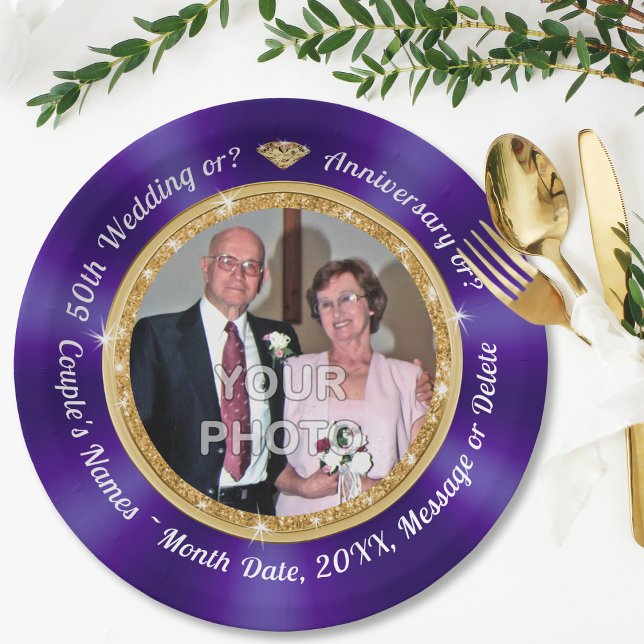 Prato De Papel 50. º Aniversário de Placas Personalizadas, com FO (50th Anniversary Paper Plates, with Couple's Picture. 50th anniversary party plates. Purple Plates.)