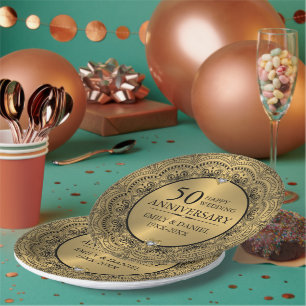 Prato De Papel 50.º aniversário do casamento em renda preta e our