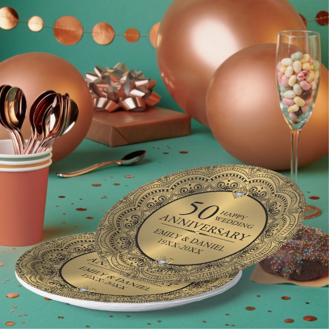 Prato De Papel 50.º aniversário do casamento em renda preta e our (Múltiplo)