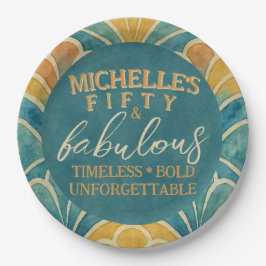 Prato De Papel 50.º Aniversário, Teal e Deco de Arte Dourada