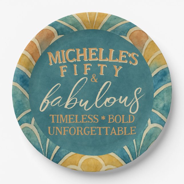 Prato De Papel 50.º Aniversário, Teal e Deco de Arte Dourada (Frente)