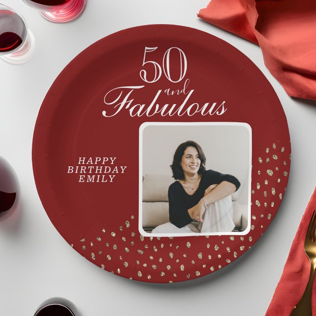 Prato De Papel 50 and Fabulous Gold Glitter Photo 50th Birthday (Criador carregado)
