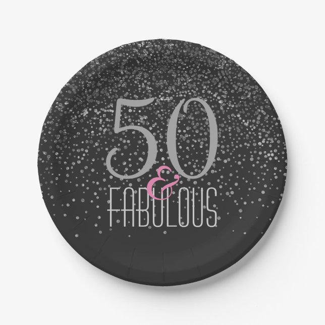 Prato De Papel 50 & aniversário elegante preto fabuloso da prata (Frente)