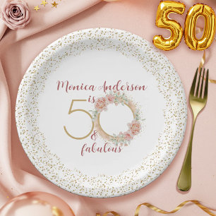 Prato De Papel 50 e Fabuloso Foto Dourado Floral Rosa de Aniversá