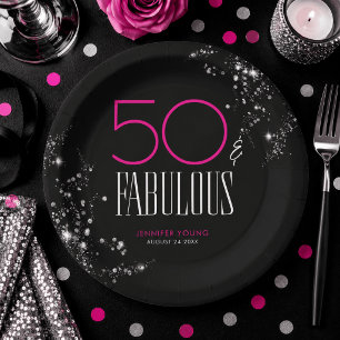 Prato De Papel 50 e Fabuloso Preto Rosa Glam Brilho Aniversário