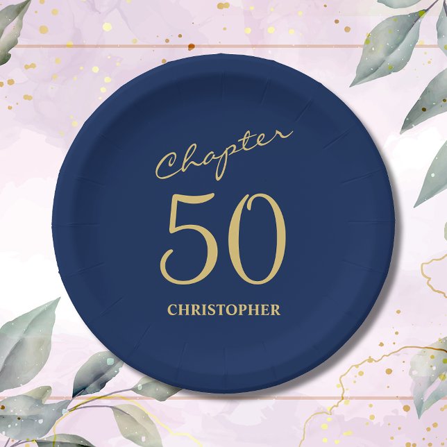 Prato De Papel 50.o aniversário Azul, Dourado Capítulo 50 (Make your loved one's 50th birthday celebration memorable with our stunning Blue Gold paper plates)