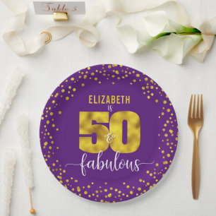 Prato De Papel 50 roxas e pontos fabulosos de ouro de aniversário